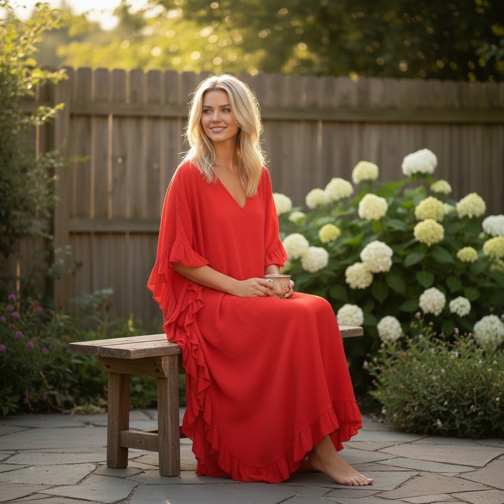 Bright Red Ruffled Vintage Kaftan